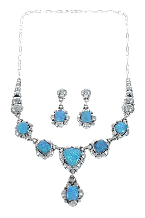 Genuine Sterling Silver Blue Opal Navajo Link Necklace And Earrings Set NN20318
